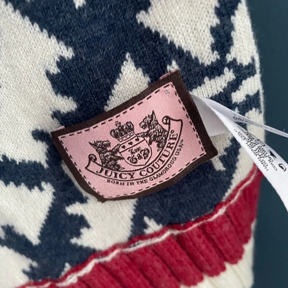 Juicy Couture Wool Cotton Winter Scarf Red White Blue Dog Pattern 8 x 71